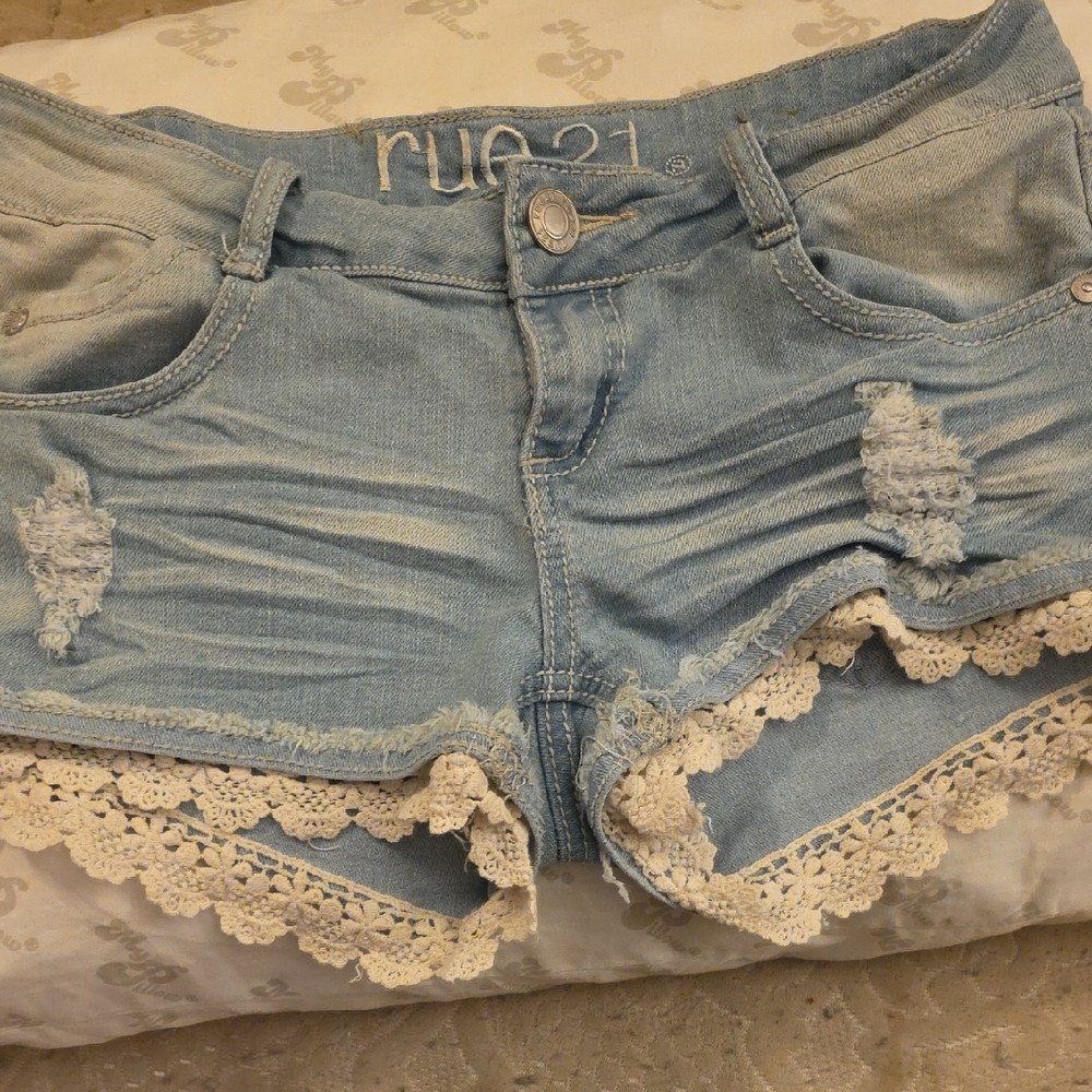 Rue21 Light Blue Denim Shorts with Cream Lace Trim